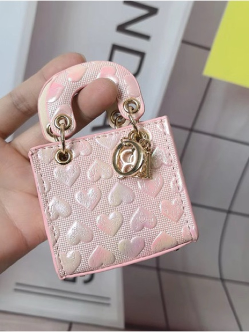 Pink Heart-Embossed Iridescent Mini Micro Bag Charm with Gold Hardware
